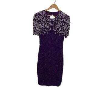 Vintage 1980s Purple Silk Beaded Sequin Cocktail Dress M